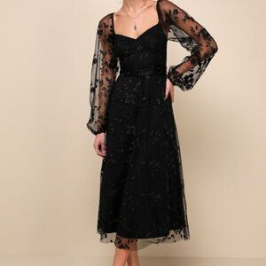 Lulus Darling Charisma Black Mesh Embroidered Midi Dress - Size M